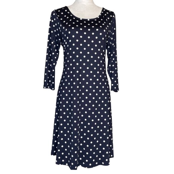 Nina Leonard Vintage Style Navy White Polka Dot Fit & Flare Dress 3/4 Sleeve L - Picture 2 of 10